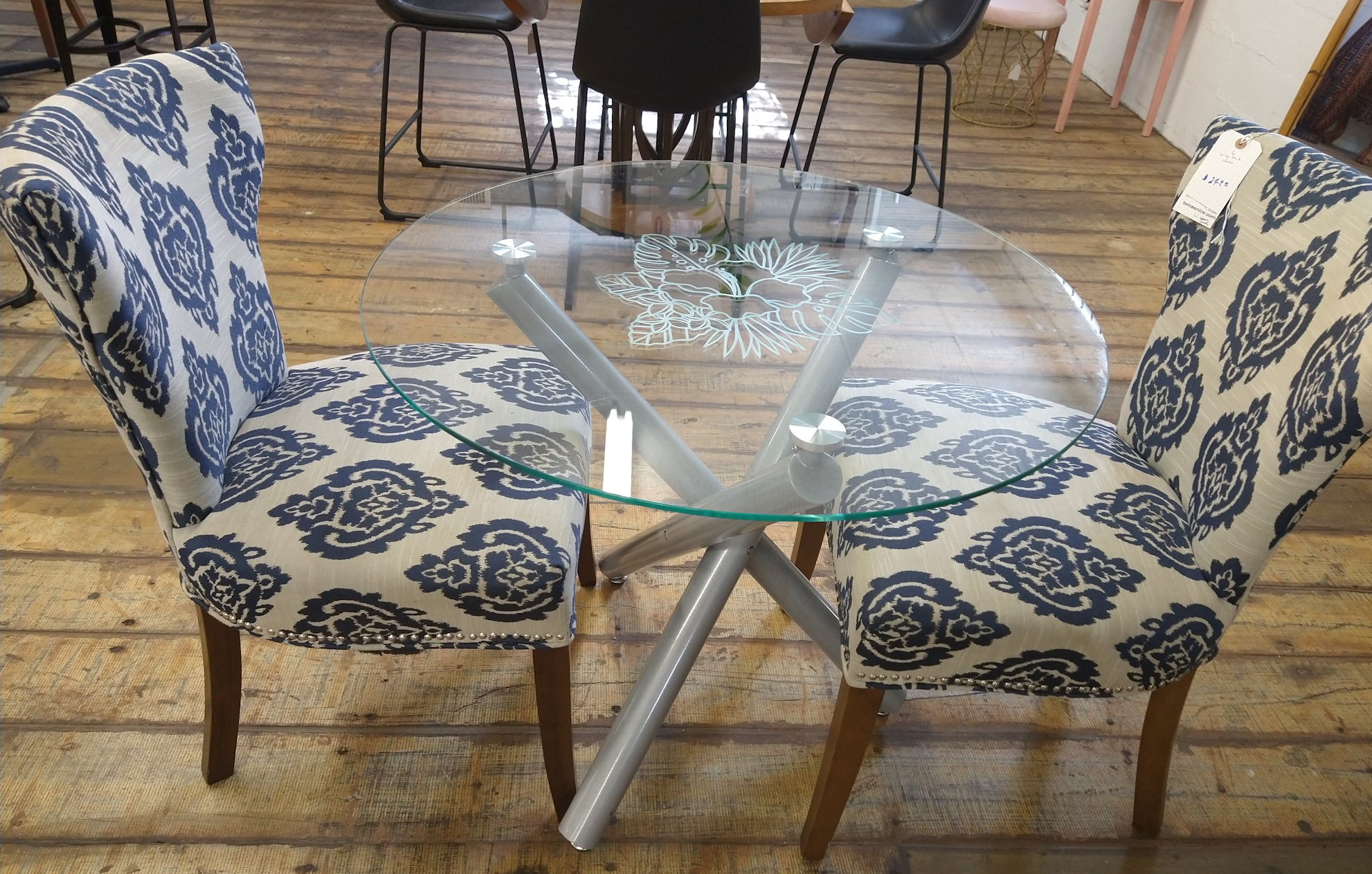 Hibiscus-Etched Glass-Top Table