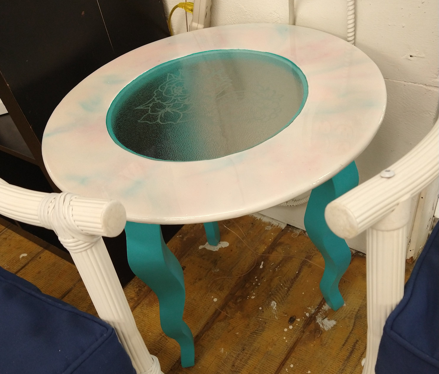 Resin-top, etched-glass side table